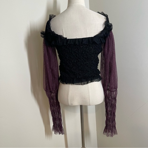Free People Women’s Plum/Black - SZ L - Smocked Sheer Long Puff Sleeve Top - Picture 5 of 16
